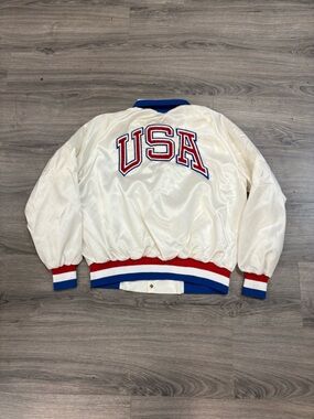Vintage Cream Olympic Satin Bomber Jacket with Red & Blue Trim